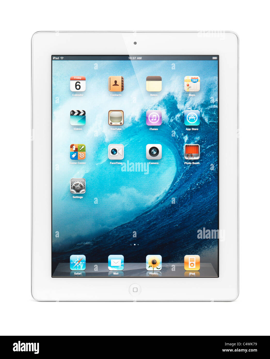 White Apple iPad 2 tablet computer with blue ocean desktop theme on its display. Isolated on white background. Stock Photo