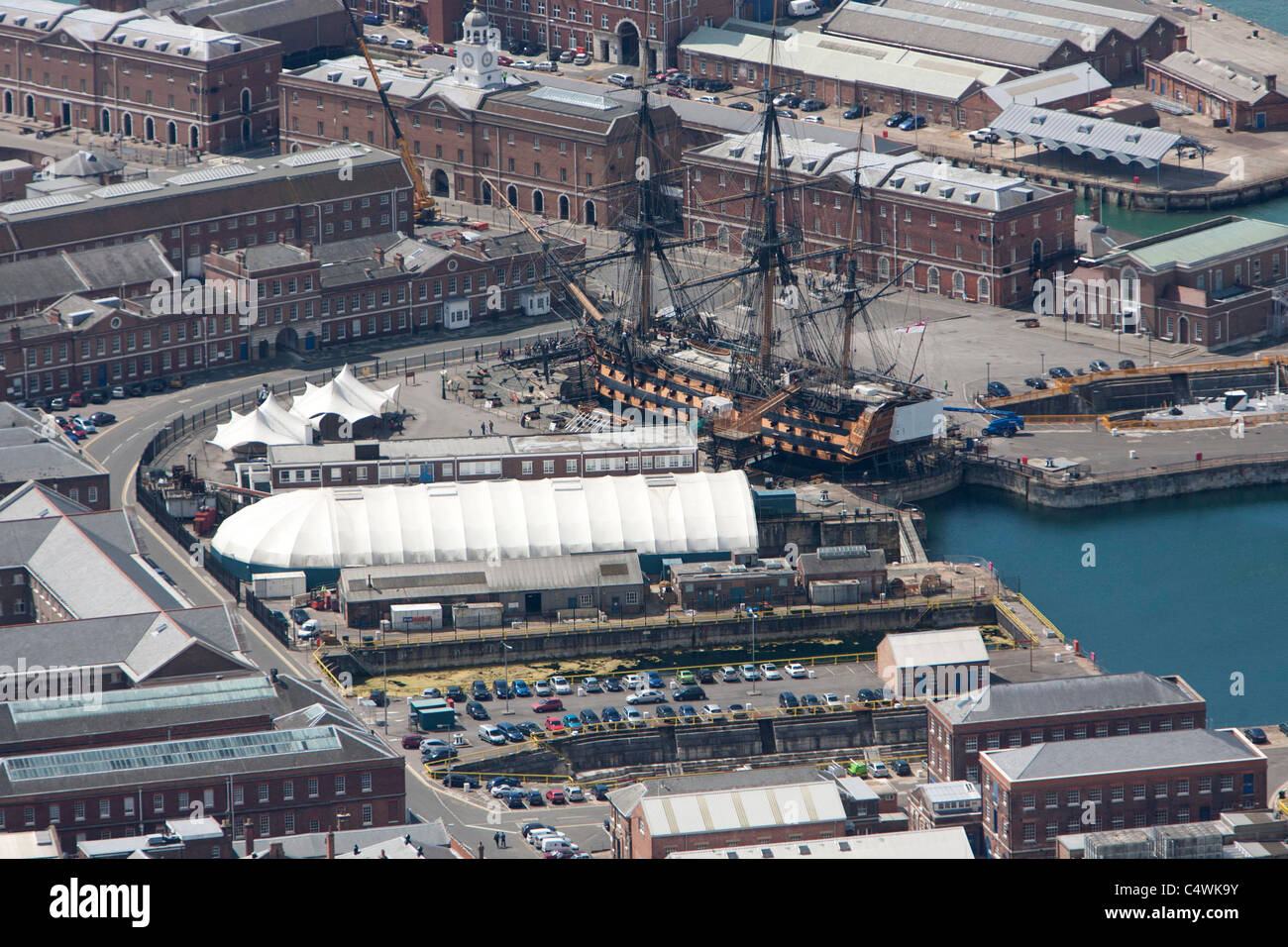 Aerial view of HMS Victory in Portsmouth Harbour. Picture by James Boardman. Stock Photo