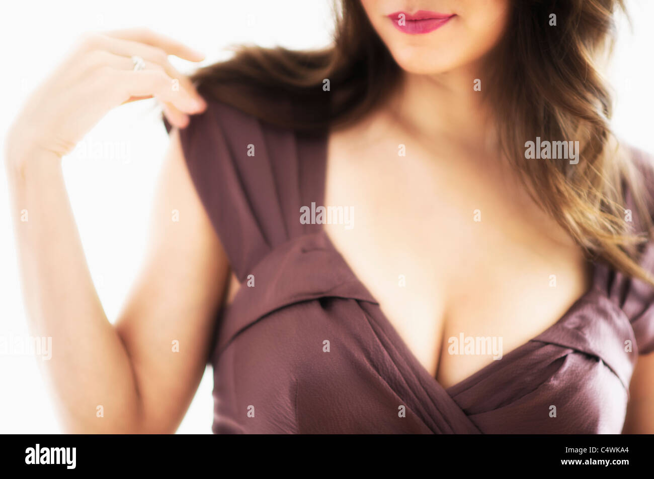 Closeup view of young woman's cleavage