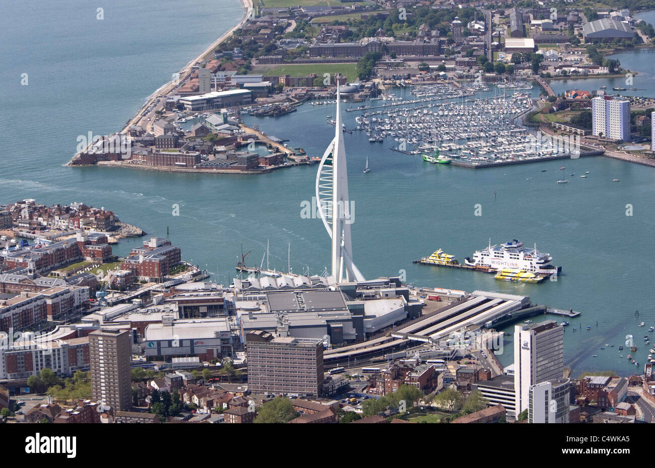 Aerial view of the Spinnaker Tower in Portsmouth Harbour. Picture by James Boardman. Stock Photo