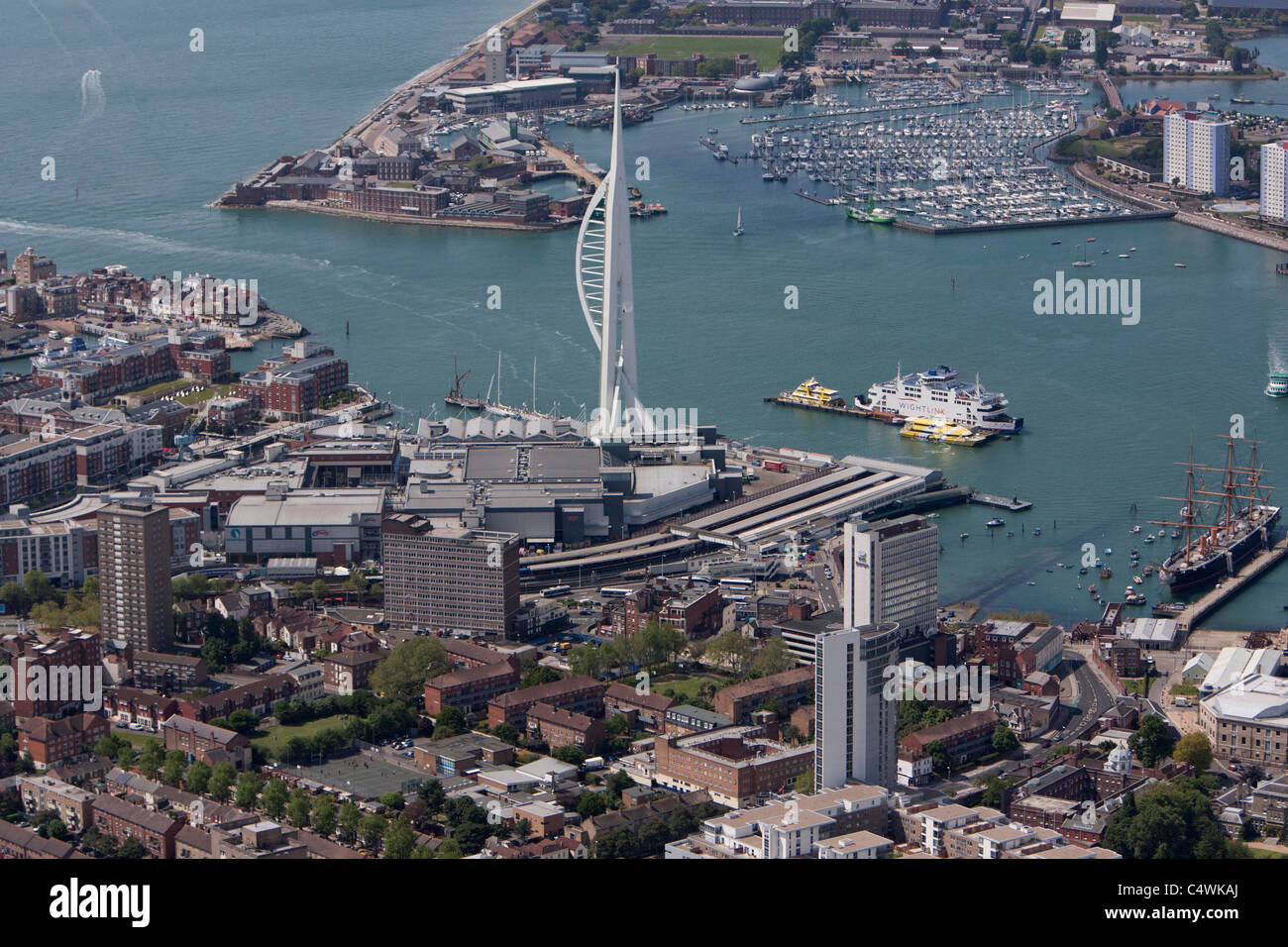 Aerial view of the Spinnaker Tower in Portsmouth Harbour. Picture by James Boardman. Stock Photo