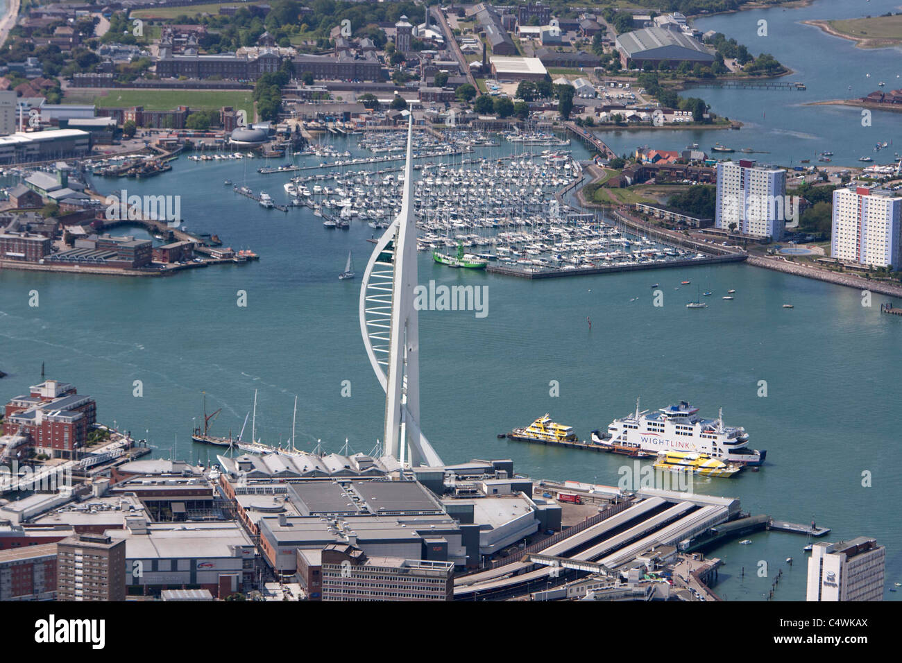Aerial view of the Spinnaker Tower in Portsmouth Harbour. Picture by James Boardman. Stock Photo
