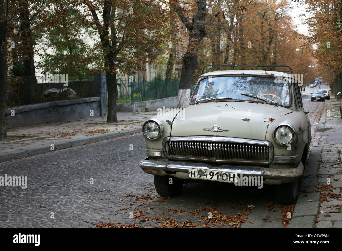 Old soviet car on the street of Lviv, Ukraine Stock Photo