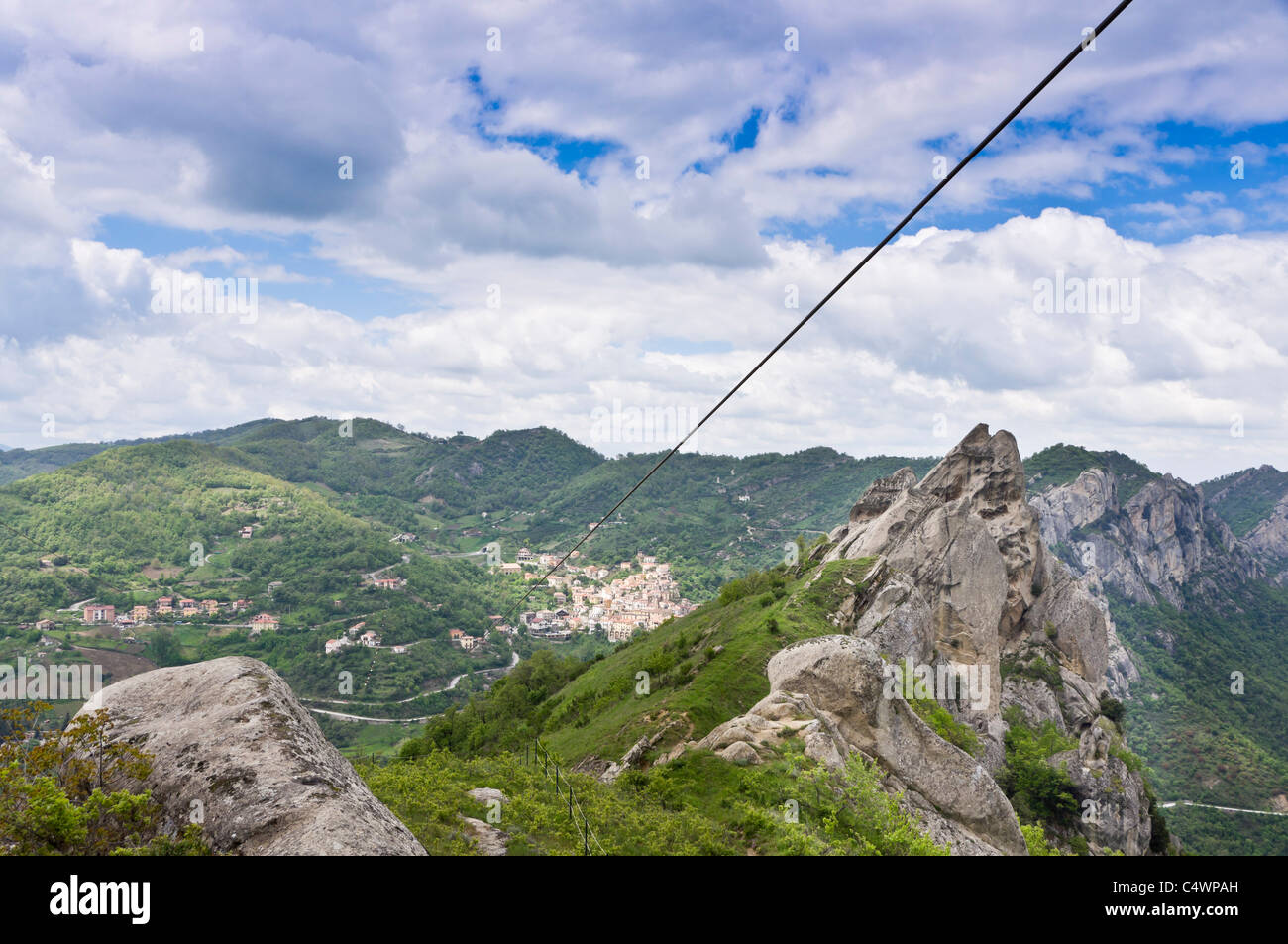 Italy - at the Volo dell'Angelo, Europe's longest zipwire ride. At the Pietrapertosa platform. Stock Photo