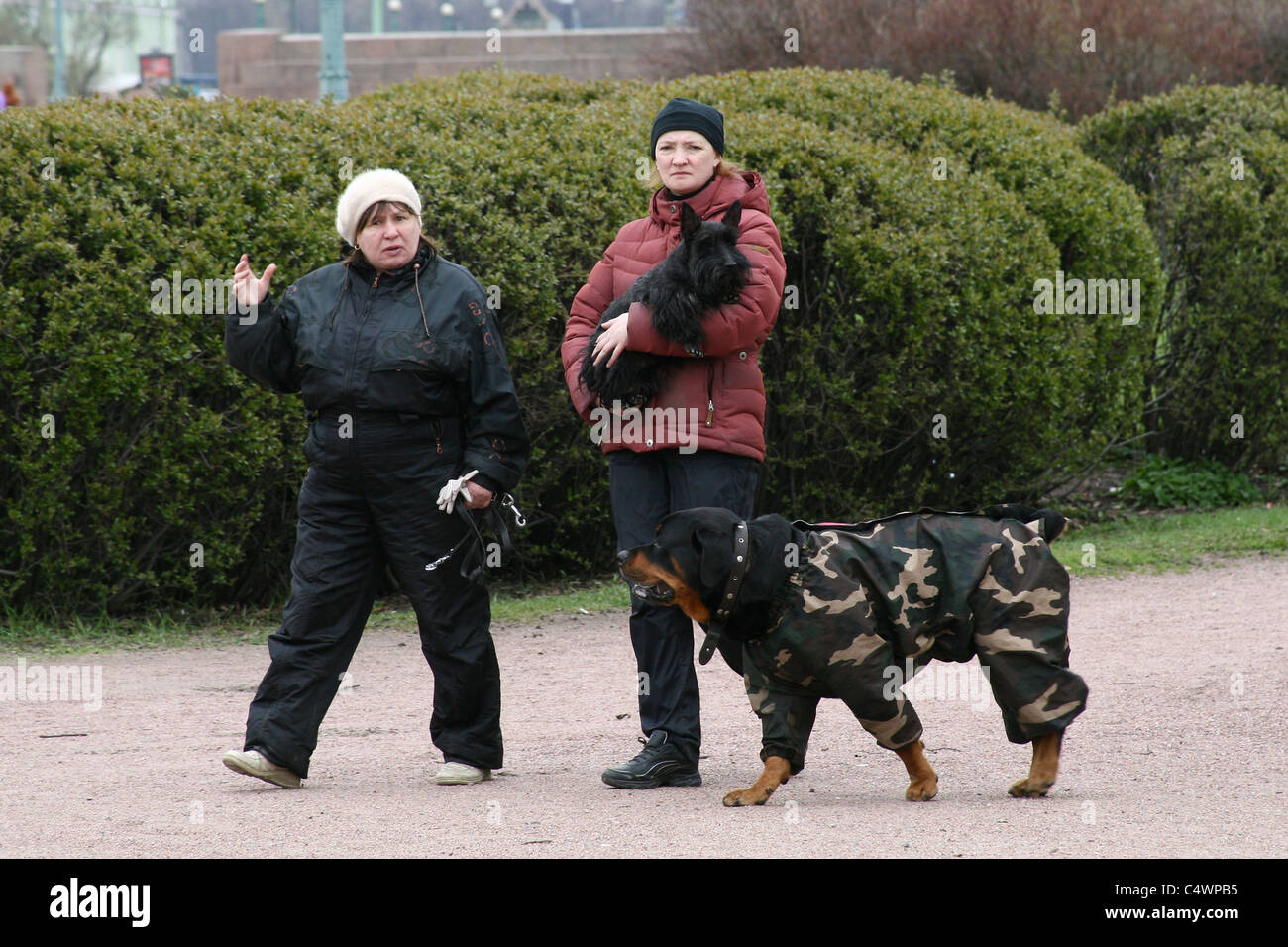 Two Russian women walk with their dogs in Saint Petersburg, Russia Stock Photo