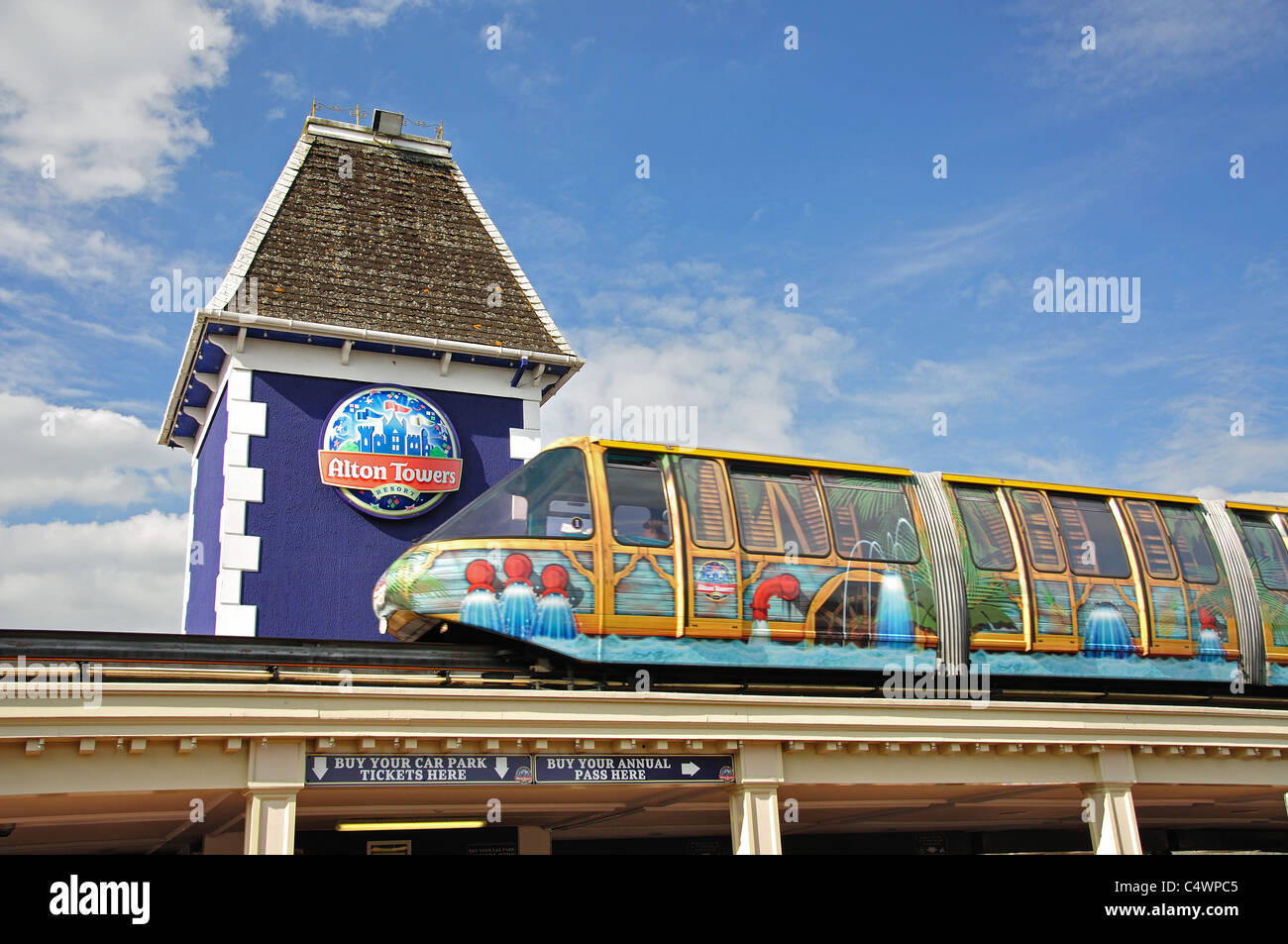 Monorail approaching entrance to Alton Towers Theme Park, Alton