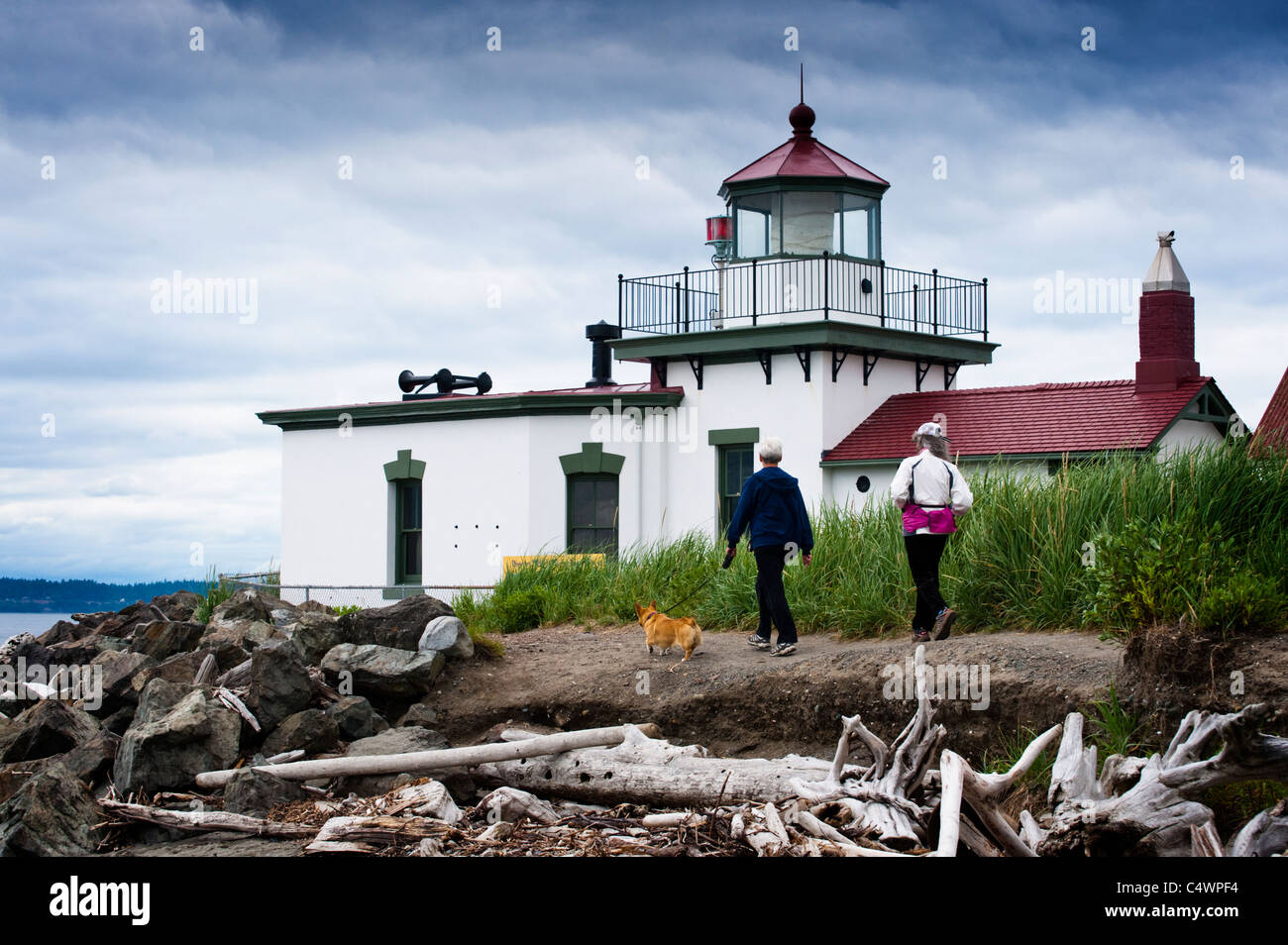 The West Point Light, also known as the Discovery Park Lighthouse, is a 23-foot-high lighthouse in Seattle, Washington, USA. Stock Photo