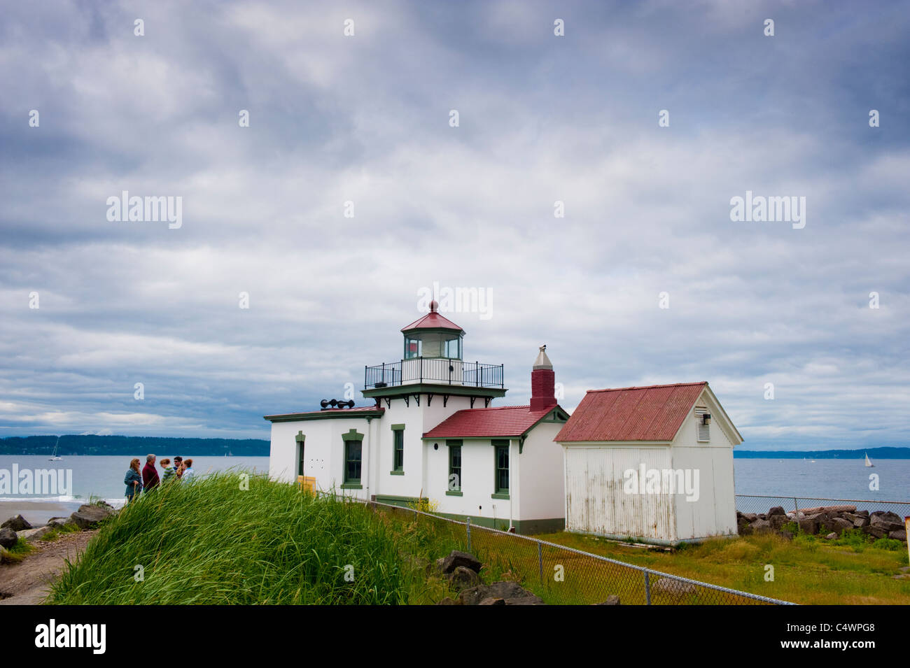 The West Point Light, also known as the Discovery Park Lighthouse, is a 23-foot-high lighthouse in Seattle, Washington, USA. Stock Photo