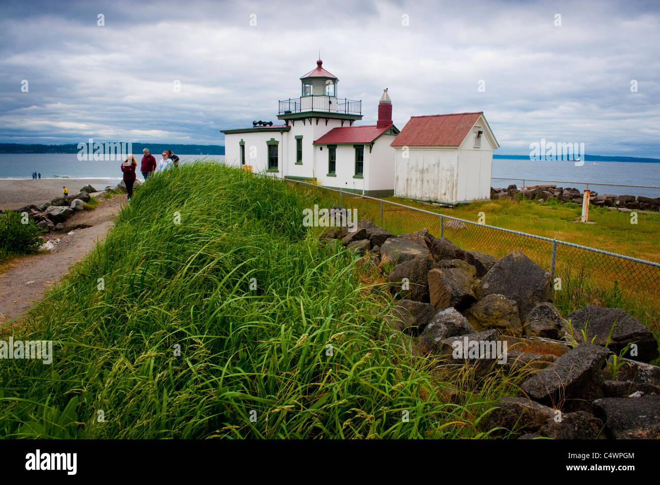 The West Point Light, also known as the Discovery Park Lighthouse, is a 23-foot-high lighthouse in Seattle, Washington, USA. Stock Photo