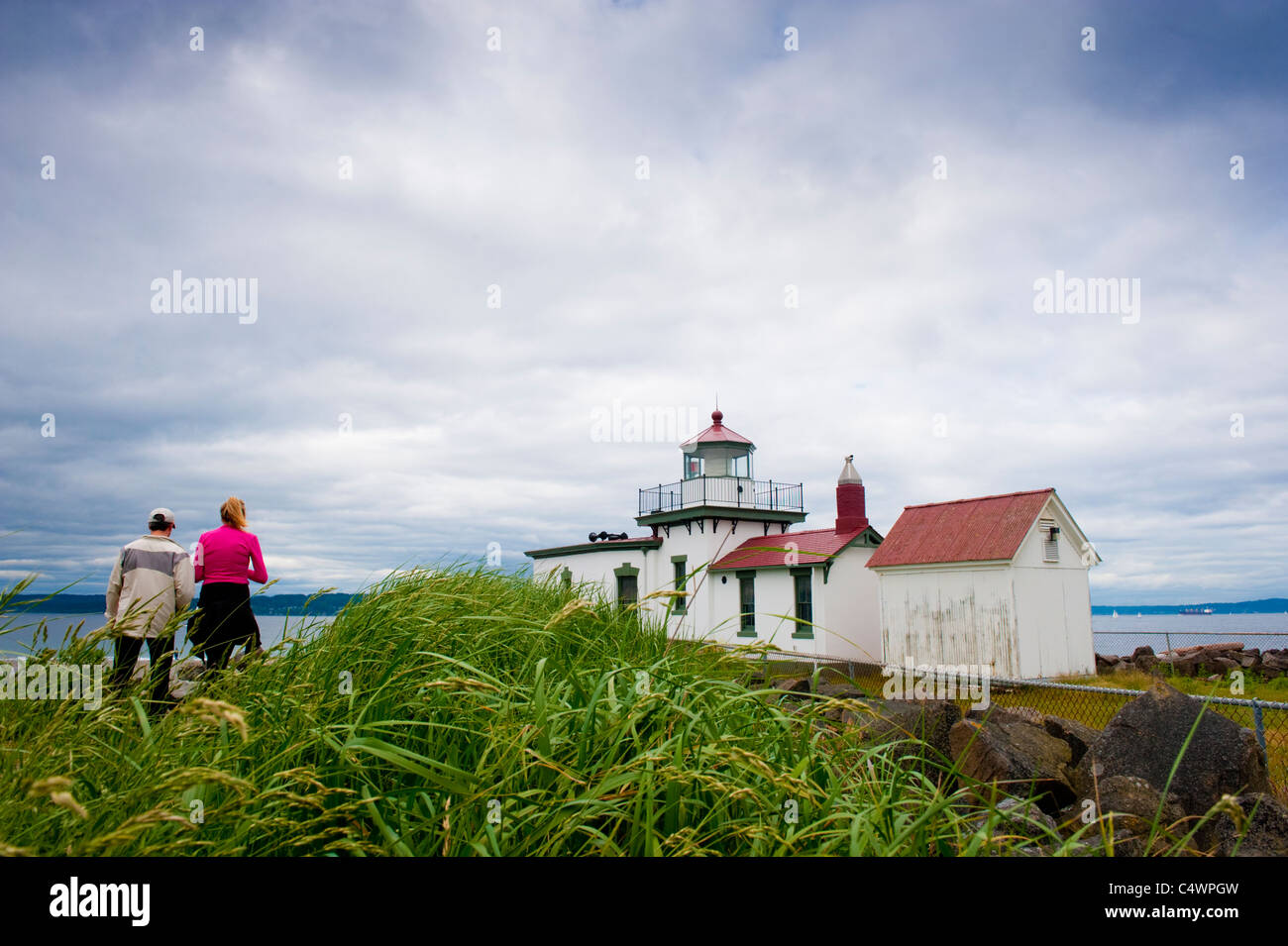 The West Point Light, also known as the Discovery Park Lighthouse, is a 23-foot-high lighthouse in Seattle, Washington, USA. Stock Photo