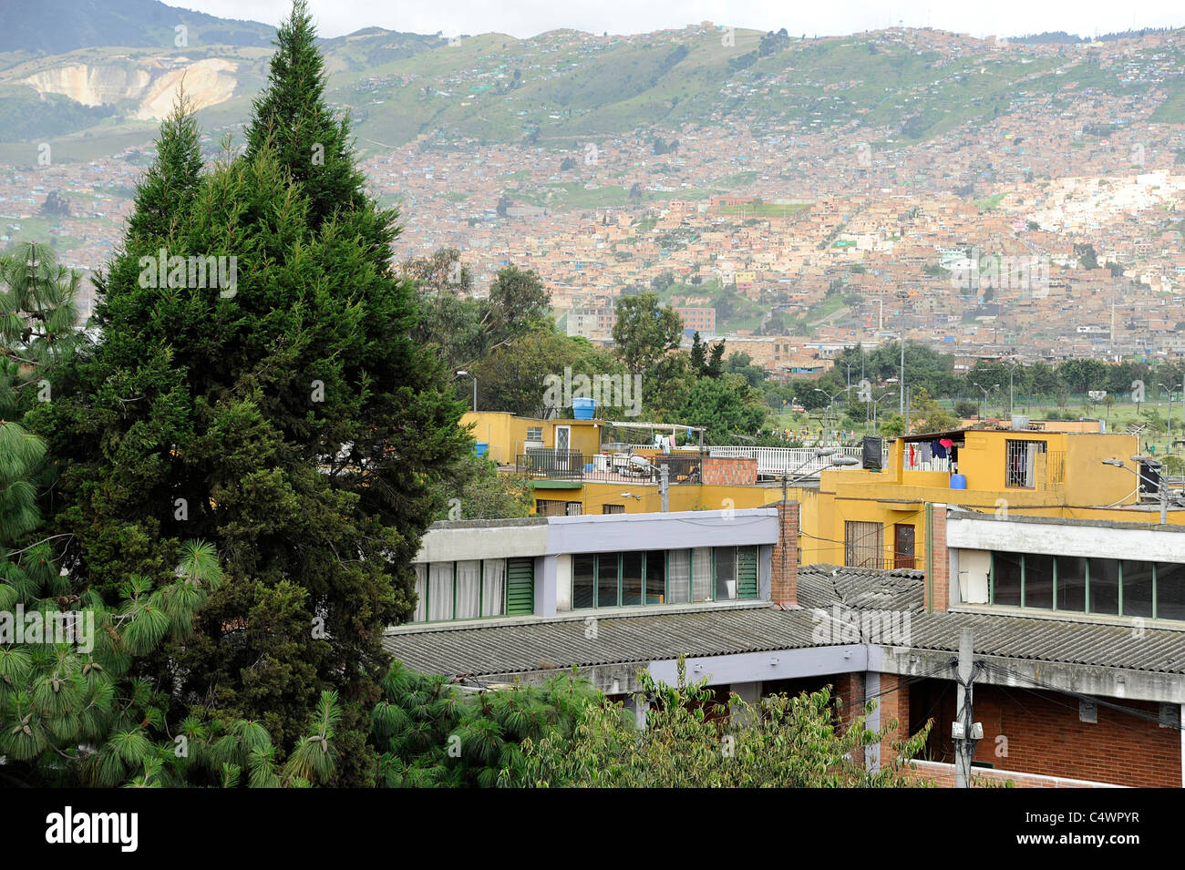 Distant view of poor housing located on the mountains in Bogota