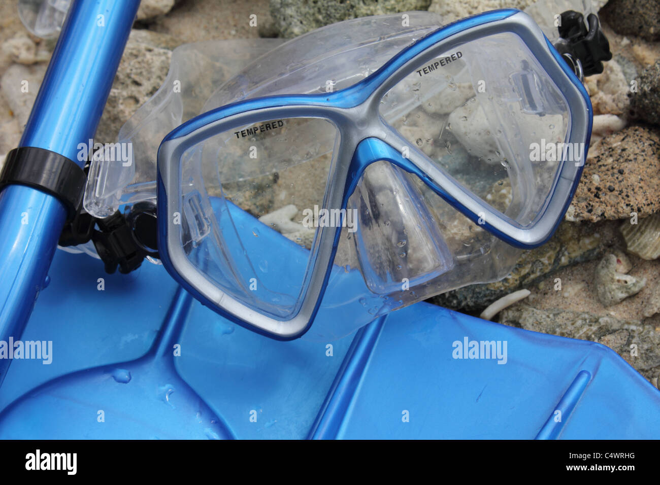 BLUE SNORKEL GOGGLES AND FLIPPERS ON A BEACH BDB Stock Photo Alamy