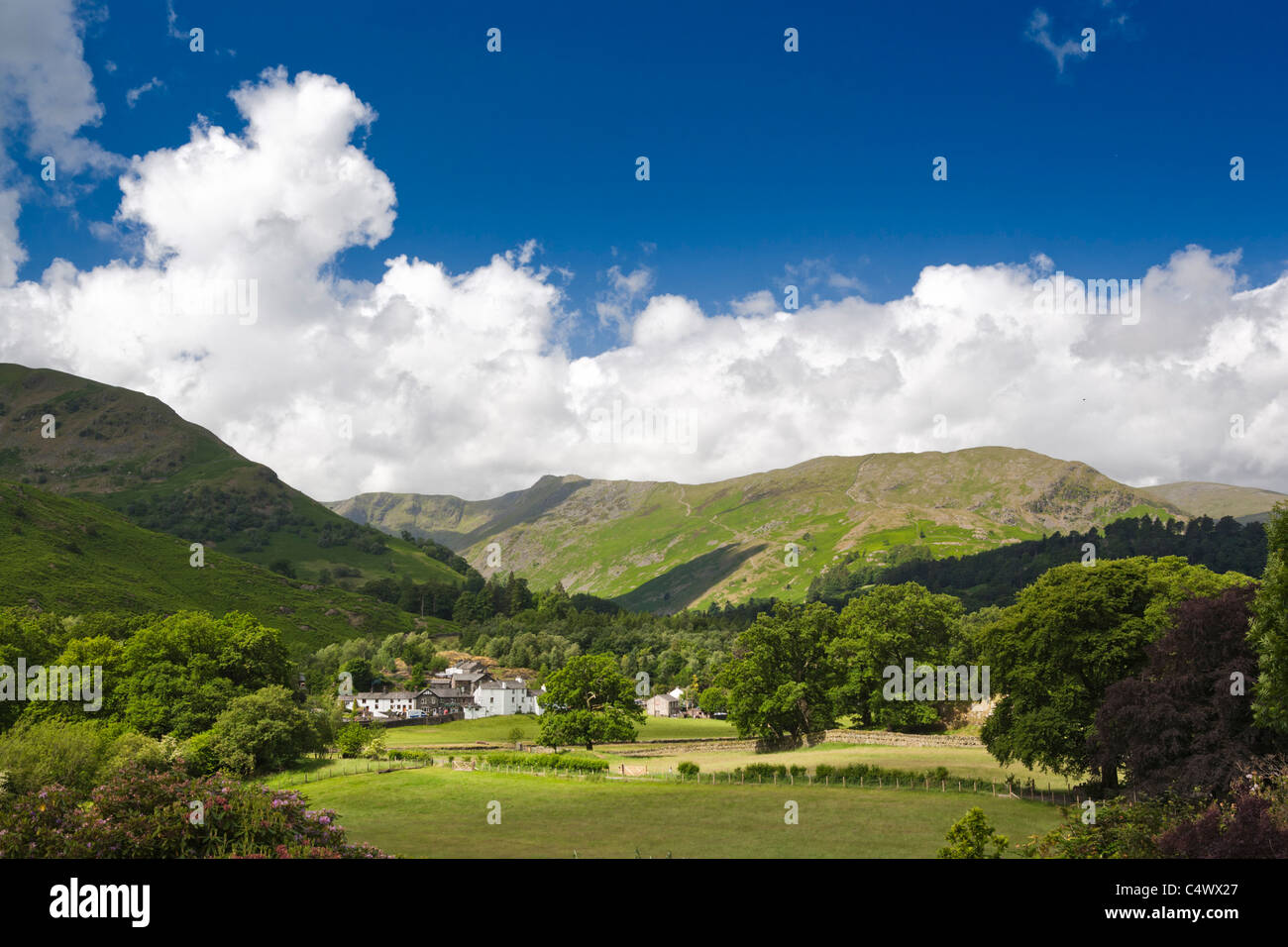 View of Patterdale, Cumbria, in the English Lake District, looking up the Gisedale valley towards Helvellyn Stock Photo