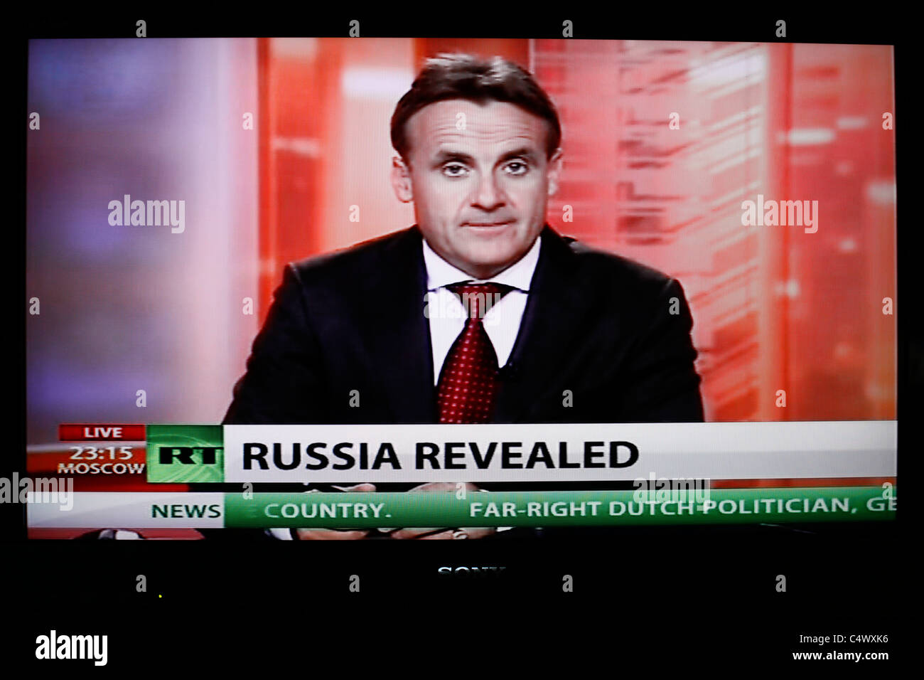 screen shot of RT Russian news bulletin in English Stock Photo