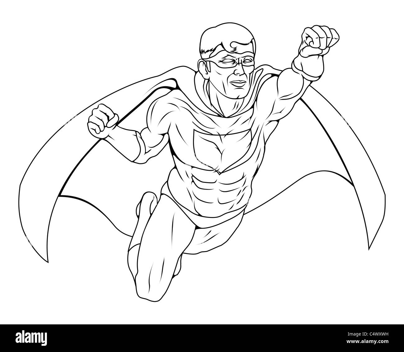 Monochrome illustration of a super hero man dressed costume with cape flying through the air Stock Photo