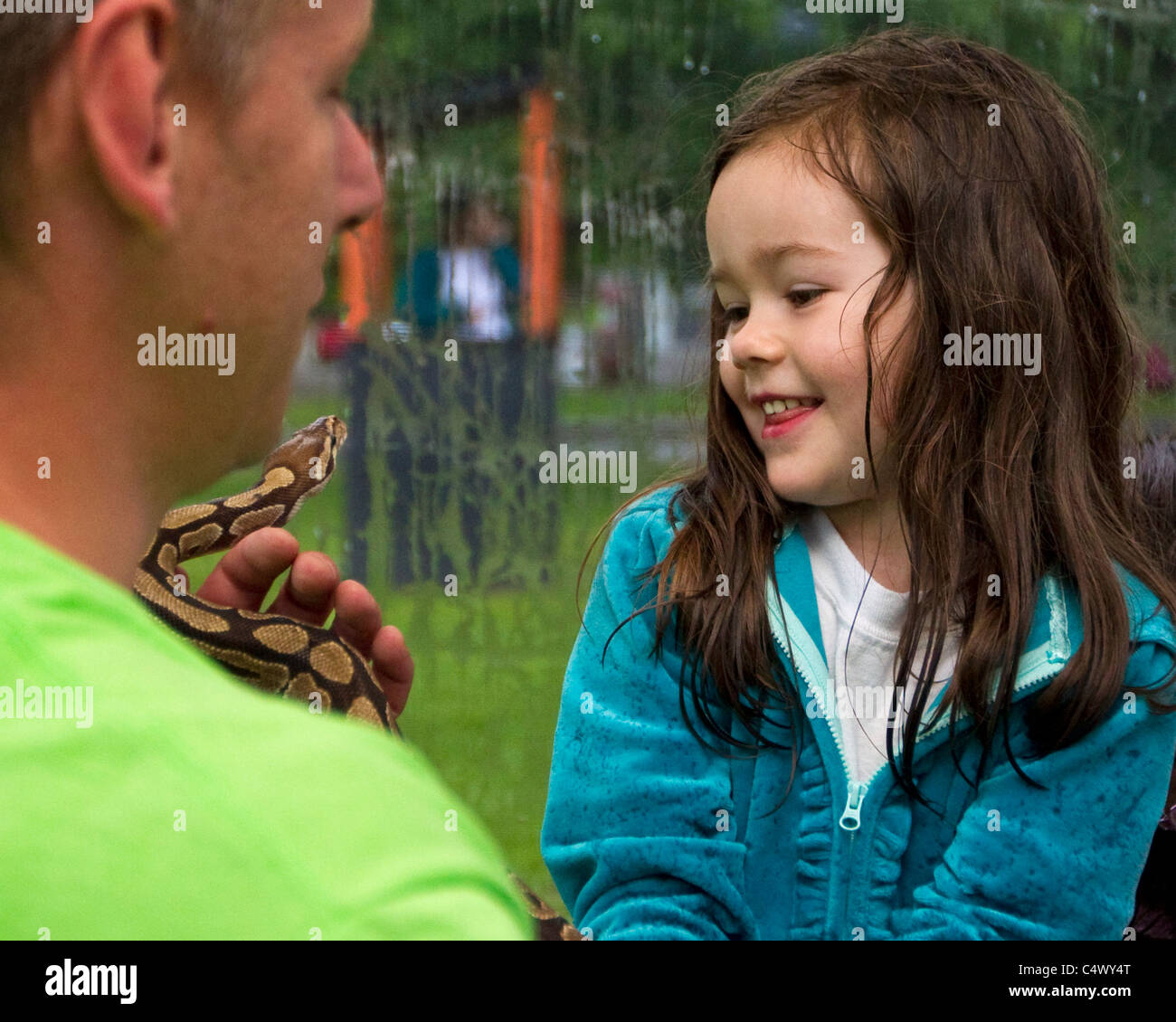 Ball python, Python regius, held by man and young smiling girl Stock ...