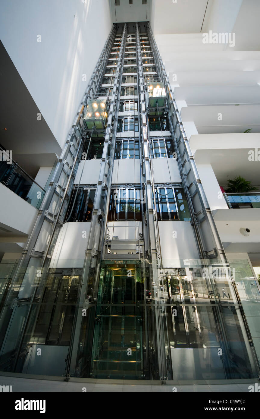 Extreme wide angle view of the glass lifts at the Sheraton Hotel, Porto Stock Photo