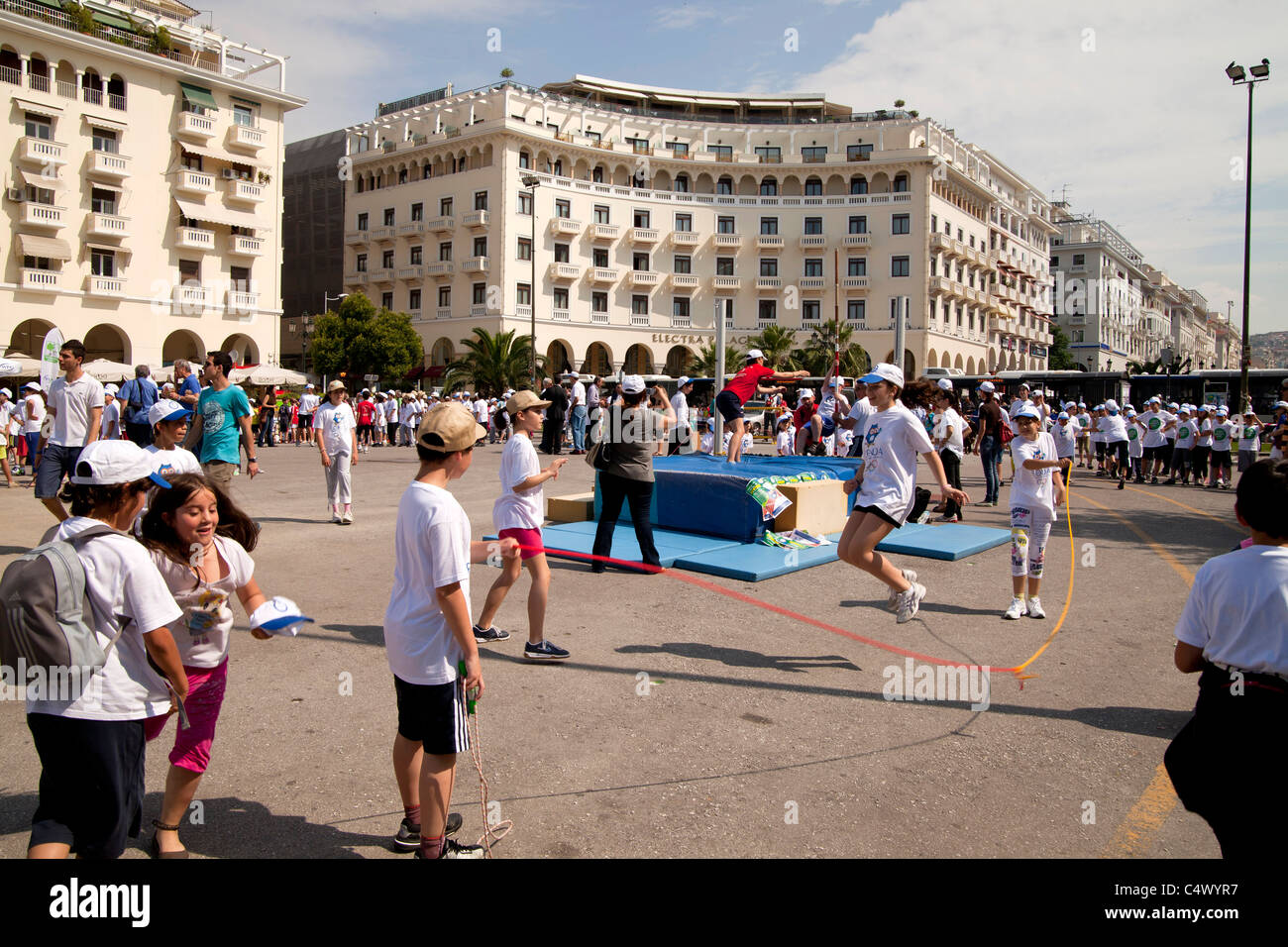 school childrens sport at Aristotelous Square - Plateia Aristotelous - in Thessaloniki, Greece  Stock Photo