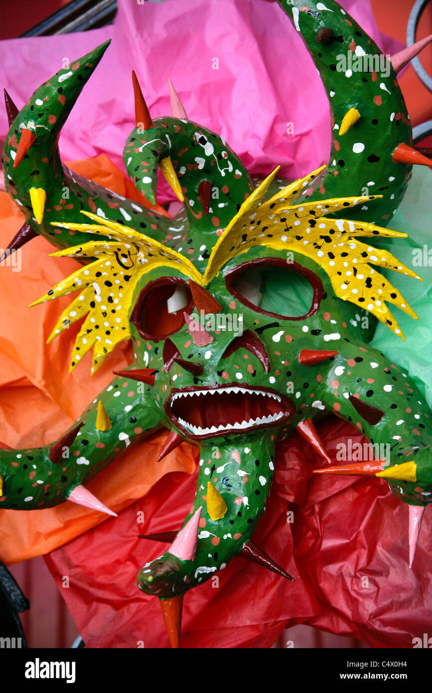 Ponce Puerto Rico Carnival vejigantes demon masks and sign for the annual festival Stock Photo