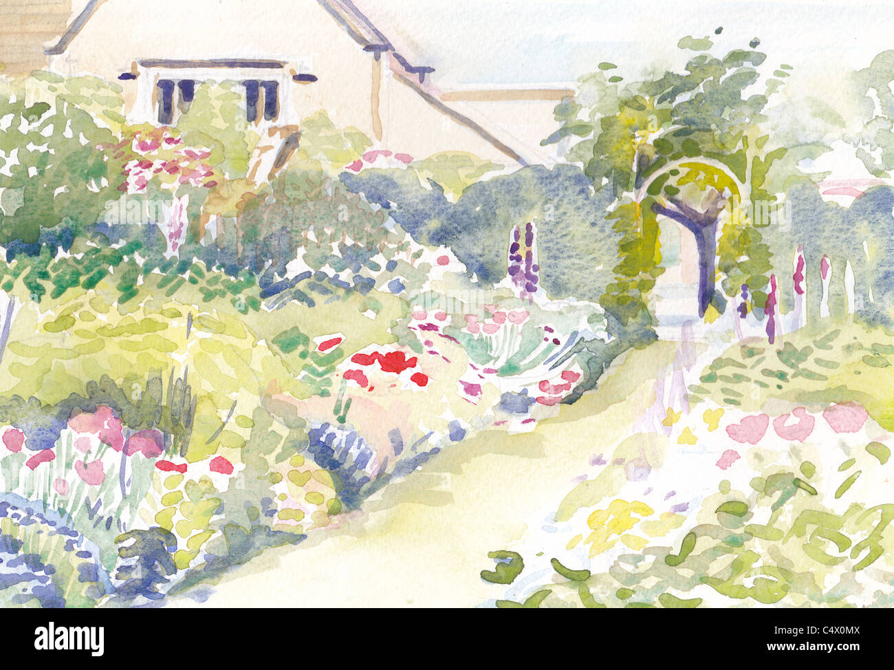 Watercolour painting of a herbaceous border in the Abbey House Gardens, Malmesbury, Wiltshire