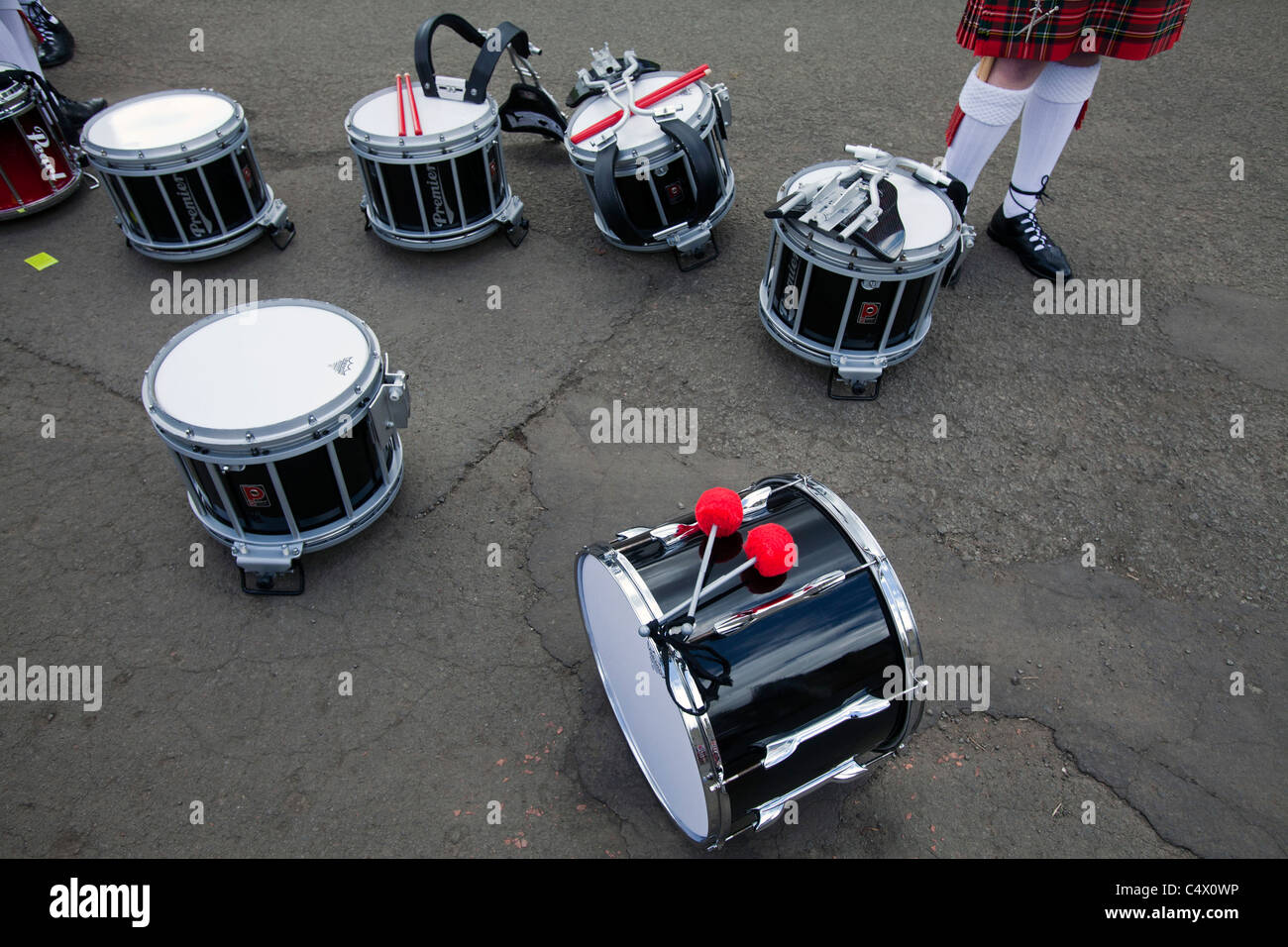 Drums of a Scottish pipe band at the Royal Highland Show, Ingliston, Edinburgh Stock Photo