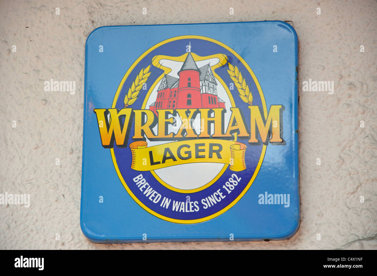 Wrexham Lager metal sign, Wrexham, Wrexham County Borough, Wales, United Kingdom Stock Photo