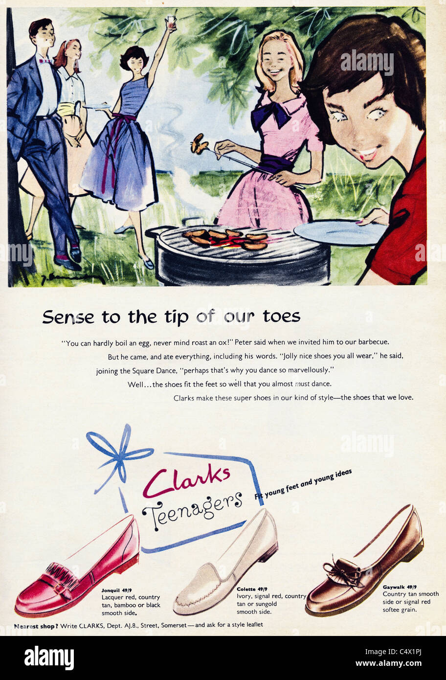 Original period advertisement in magazine circa 1958 advertising teenagers shoes by CLARKS Stock Photo
