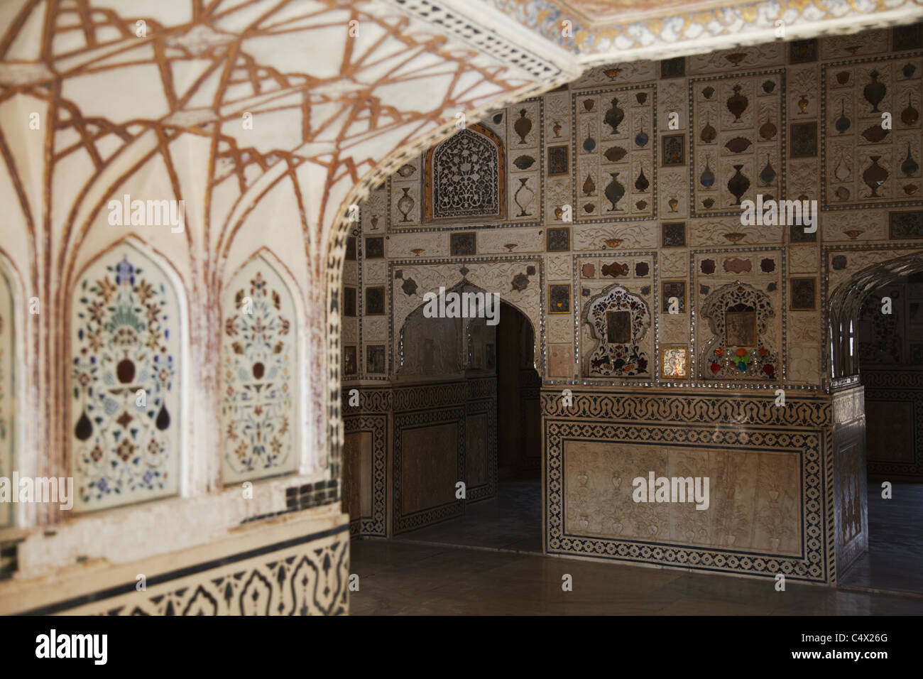 Interior of Sheesh Mahal (Mirror Palace) in Amber Fort, Jaipur, Rajasthan, India  Stock Photo