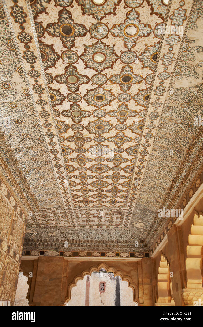 Ceiling of Sheesh Mahal (Mirror Palace) in Amber Fort, Jaipur, Rajasthan, India Stock Photo