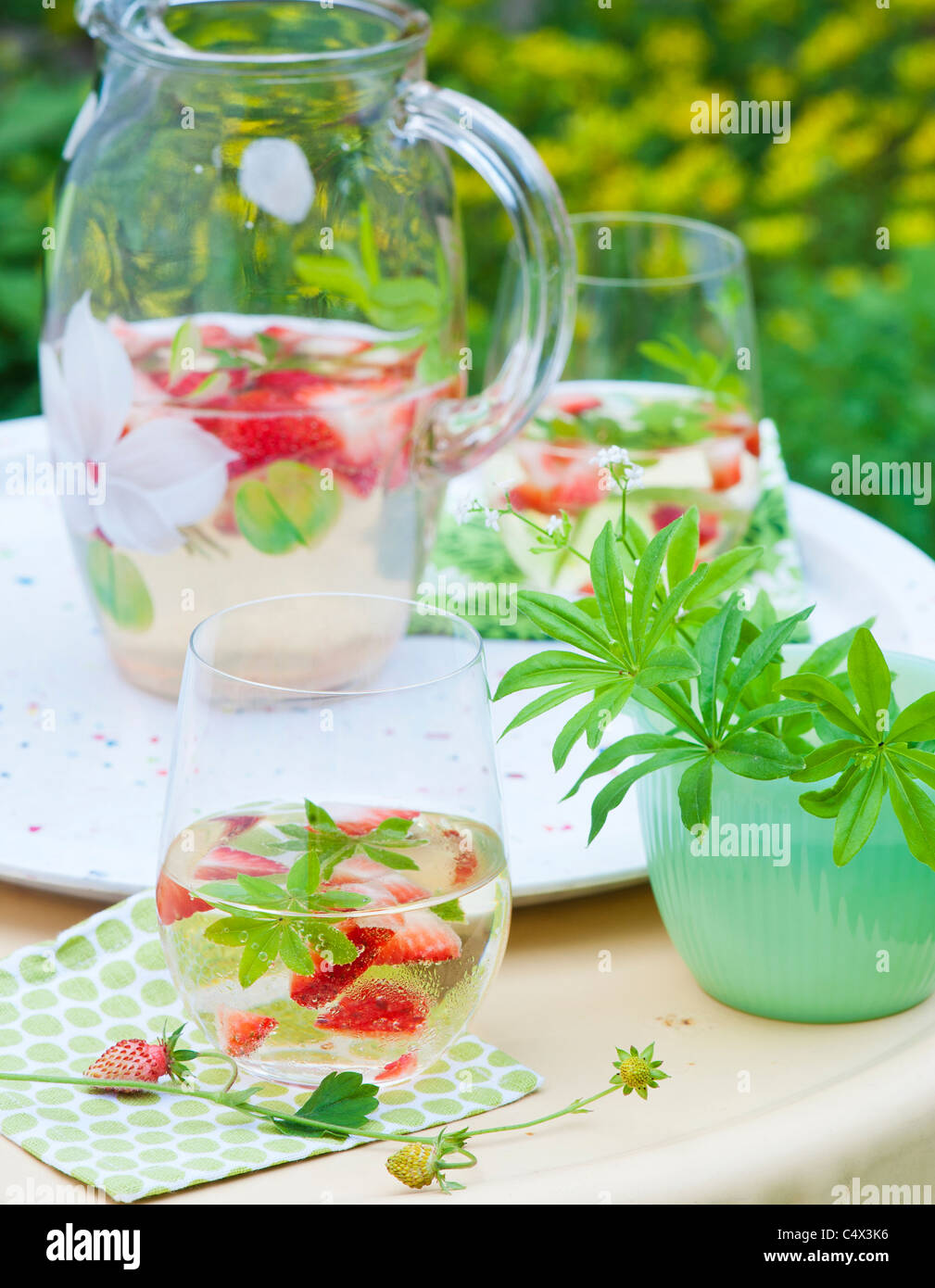 A PITCHER AND GLASS OF MAY WINE IN A GARDEN Stock Photo