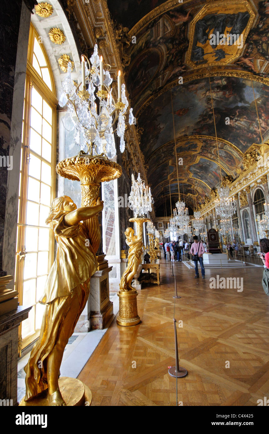 Inside the Hall of Mirrors in the Chateau de Versailles, France Stock Photo