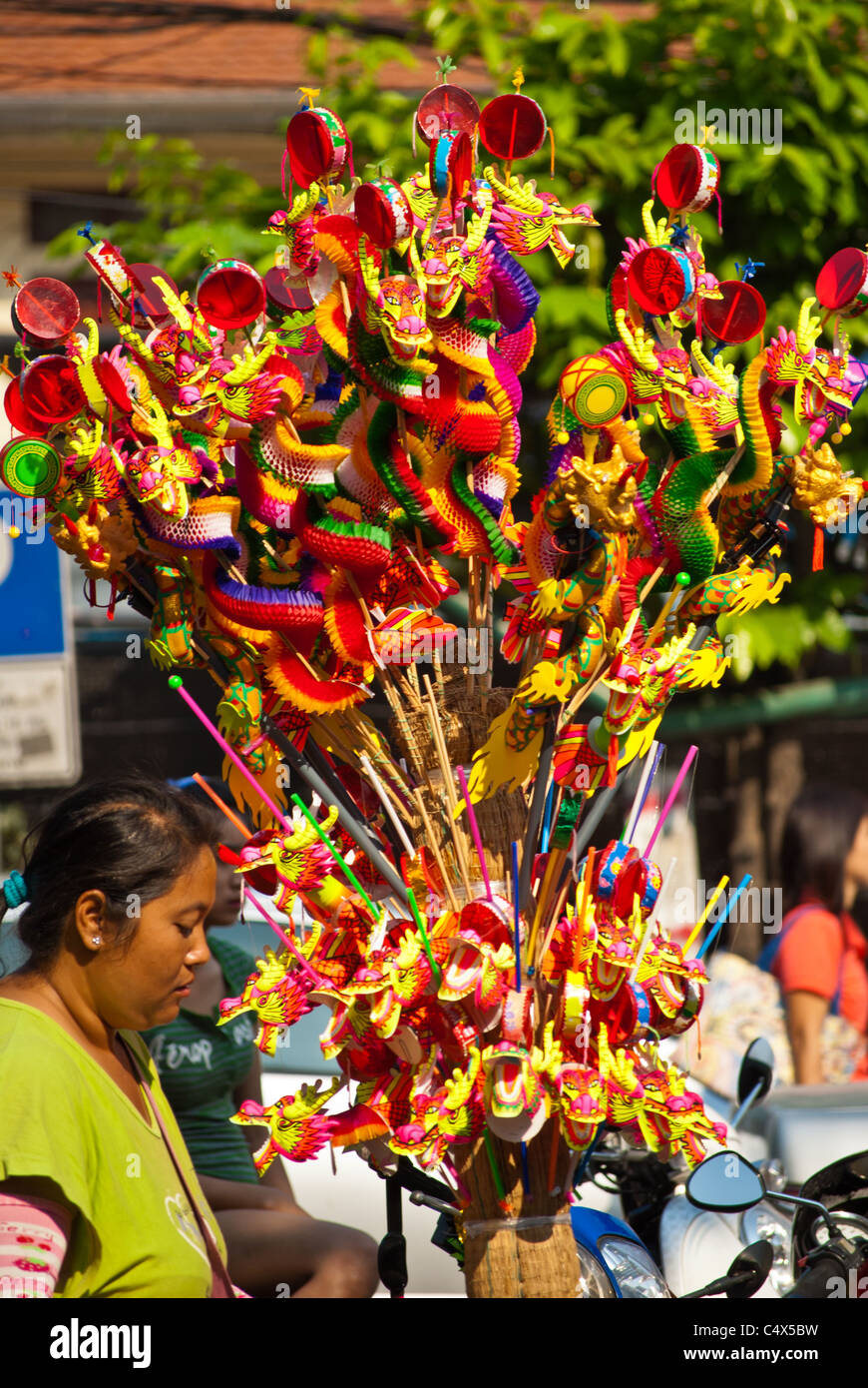 Street vendor selling Chinese toys on Chinese New Year, China town, Bangkok Stock Photo