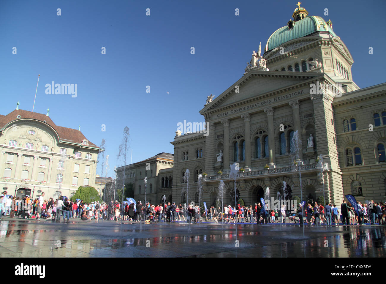 Crowds gathered on Bundesplatz (Parliament Square) for the Grand-Prix of Bern in May. Stock Photo