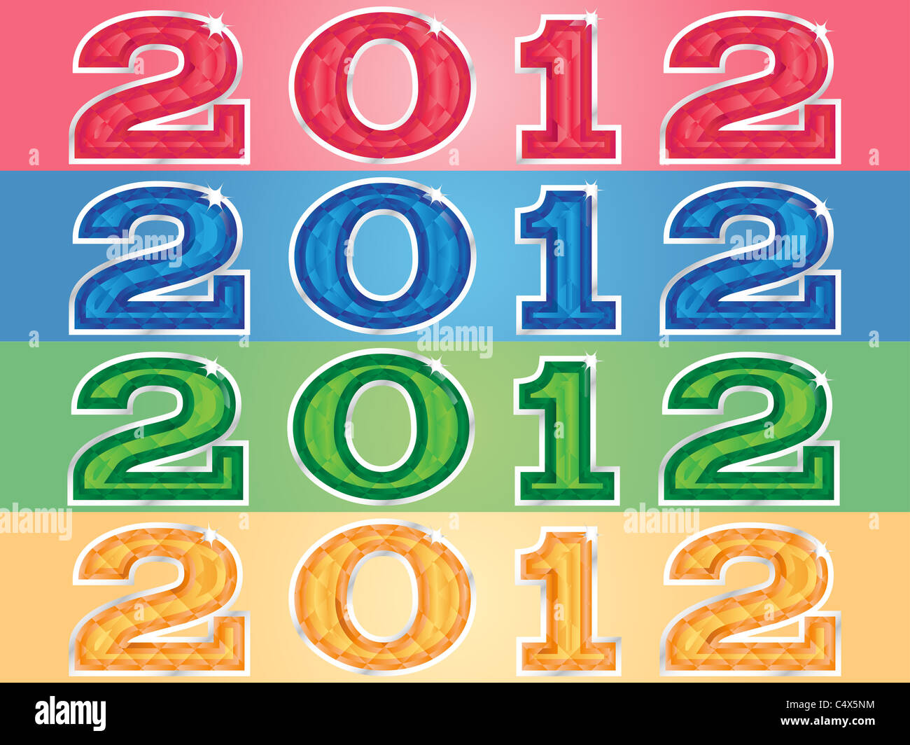Jewelled 2012 to represent new year, in red, blue, green and orange ...