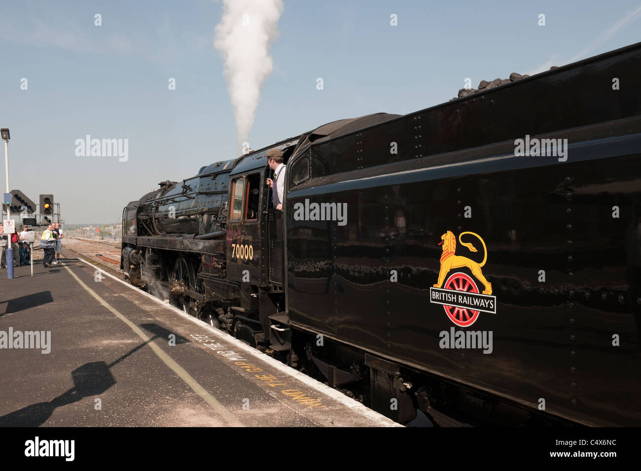 Steam Locomotive 'Britannia' at Reading Station with a Cathedrals Express Train Stock Photo