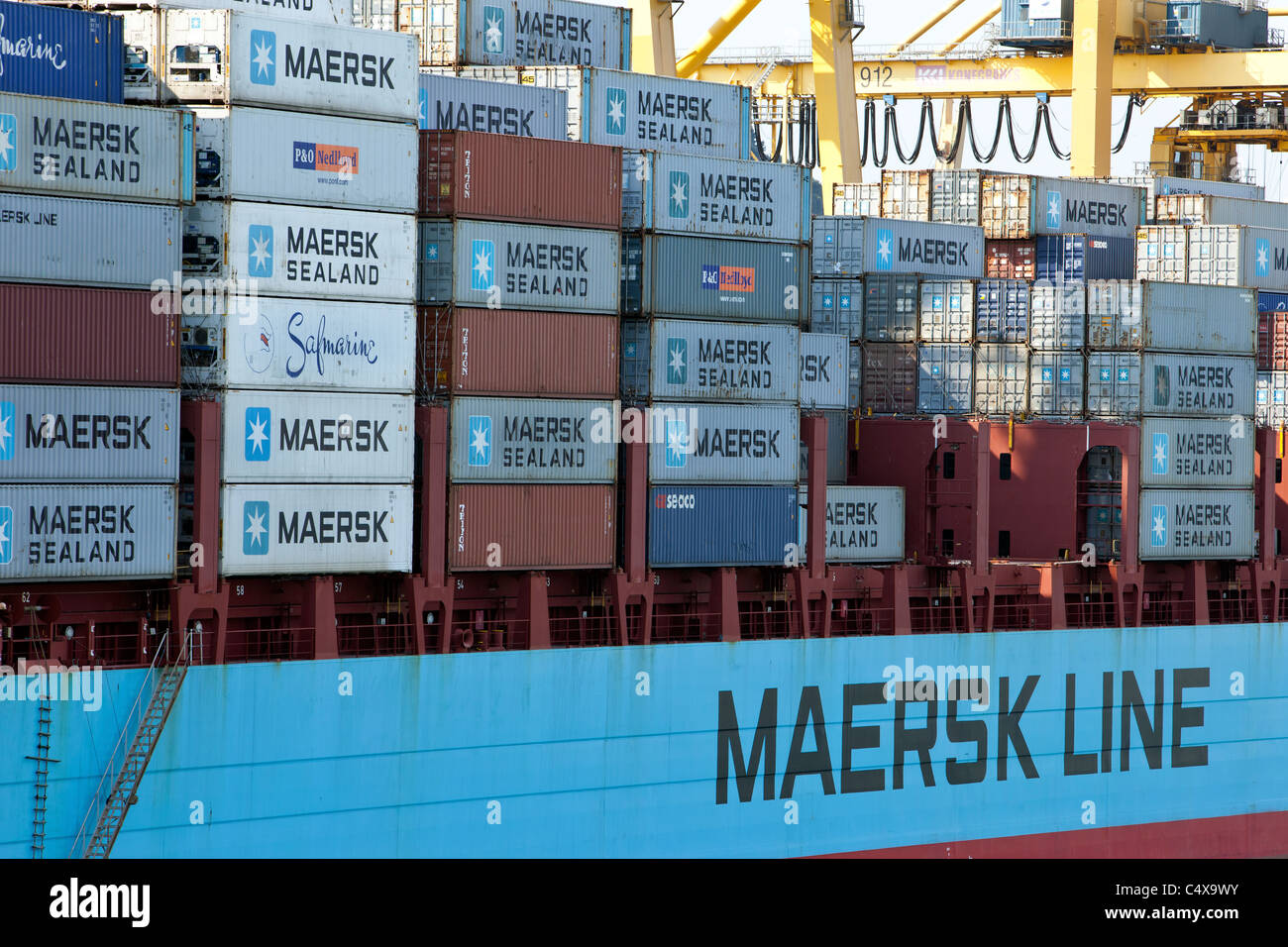 Cargo container ship in port harbor at Barcelona, Spain. Maersk