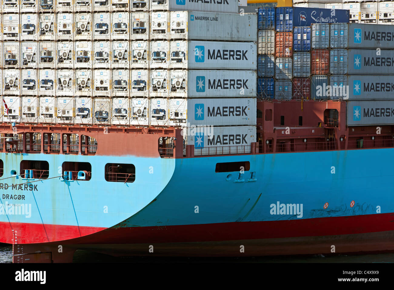 Cargo container ship in port harbor at Barcelona, Spain. Maersk