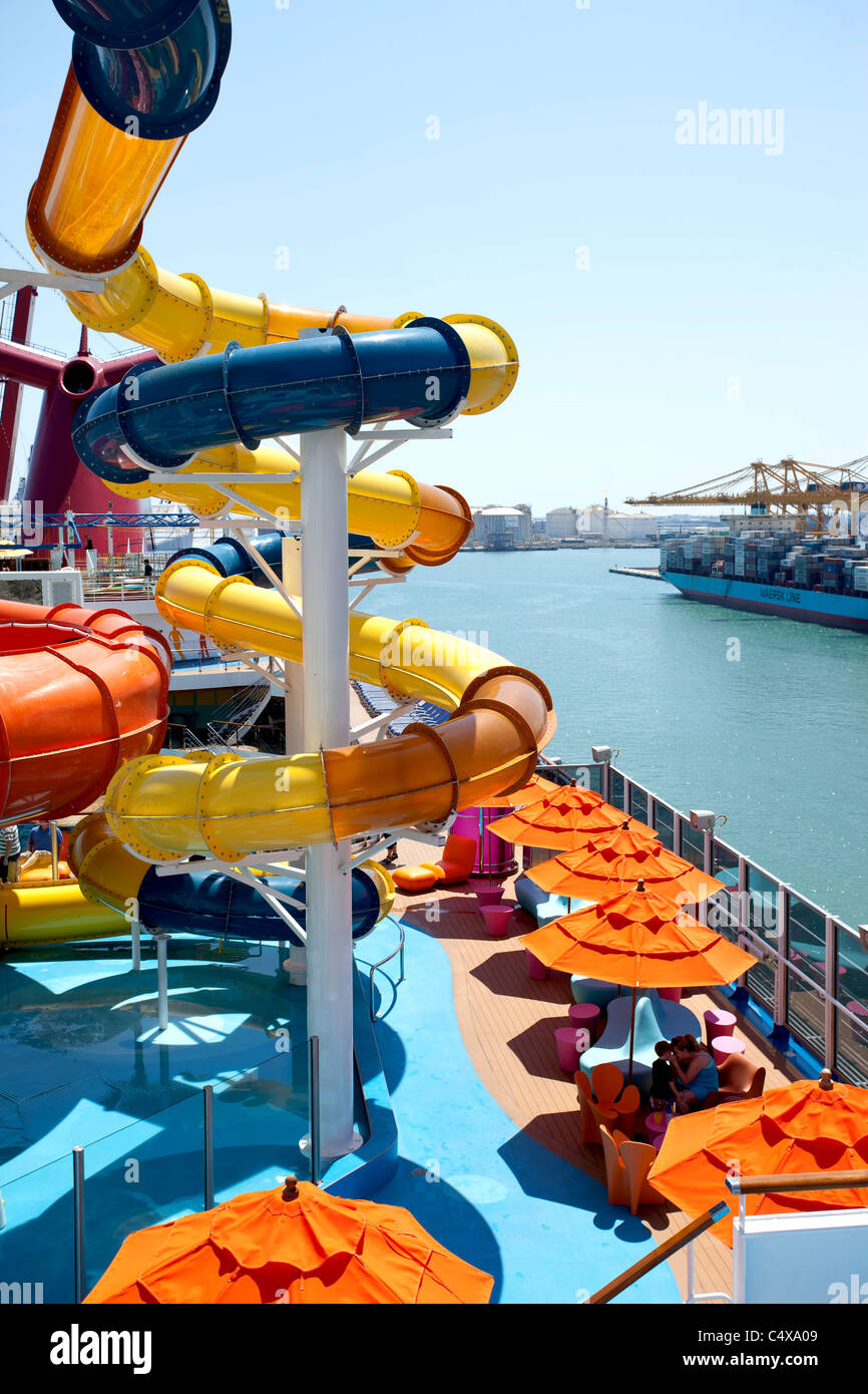 Cruise ship water park and recreation. Water slides, pools and splash