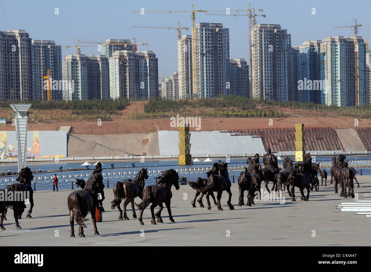 One hundred bronze horses near the artificial river in Kangbashi, Ordos