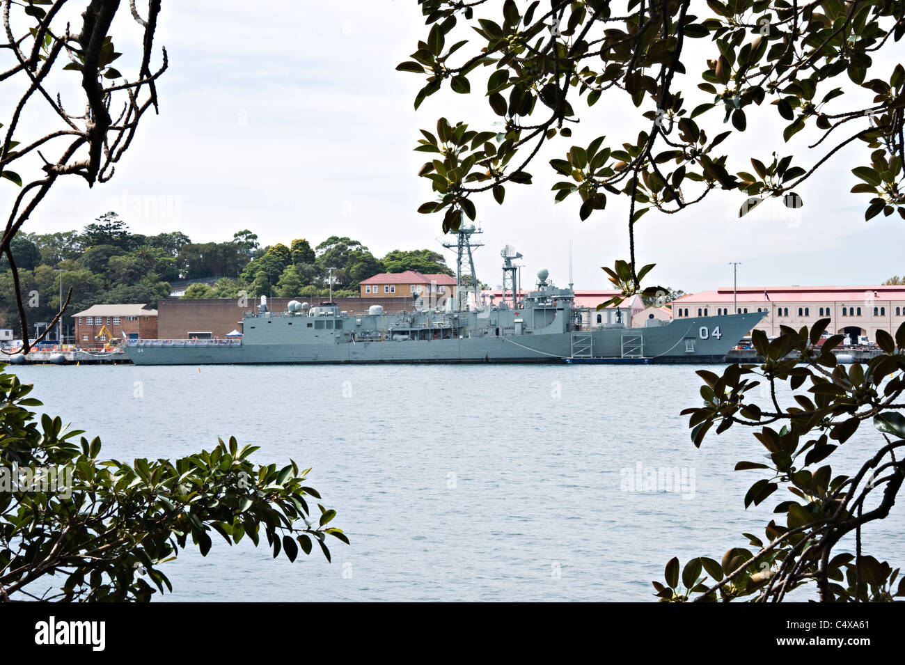 The Australian Navy Frigate HMAS Darwin Docked at the Garden Island Dockyard in Sydney New South Wales Australia Stock Photo