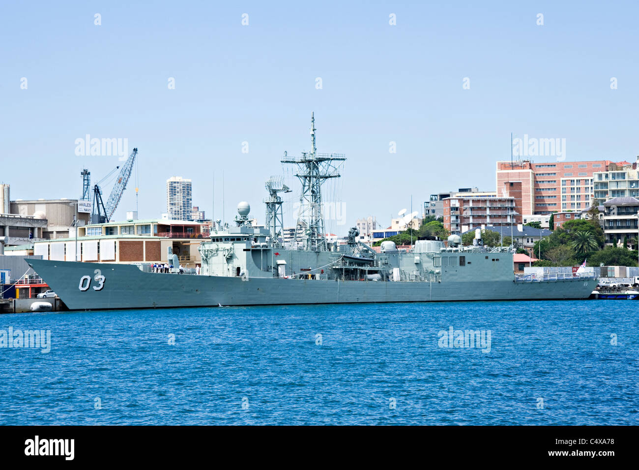 The Australian Navy Frigate HMAS Sydney Docked at the Garden Island Dockyard in Sydney New South Wales Australia Stock Photo
