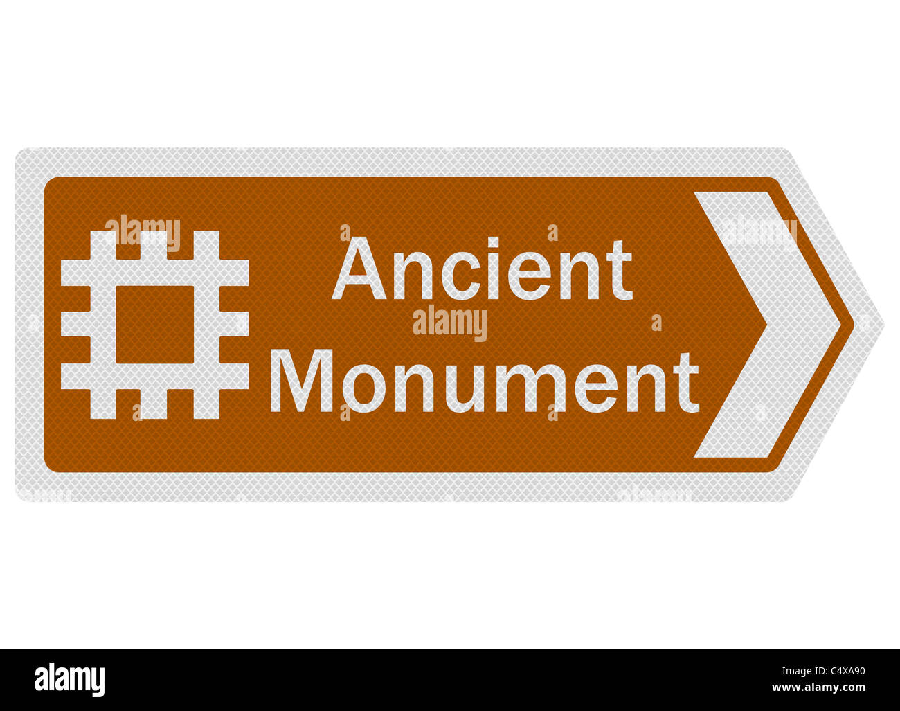 Tourist information series: photo-realistic metallic, reflective 'Ancient Monument' sign, isolated on white Stock Photo