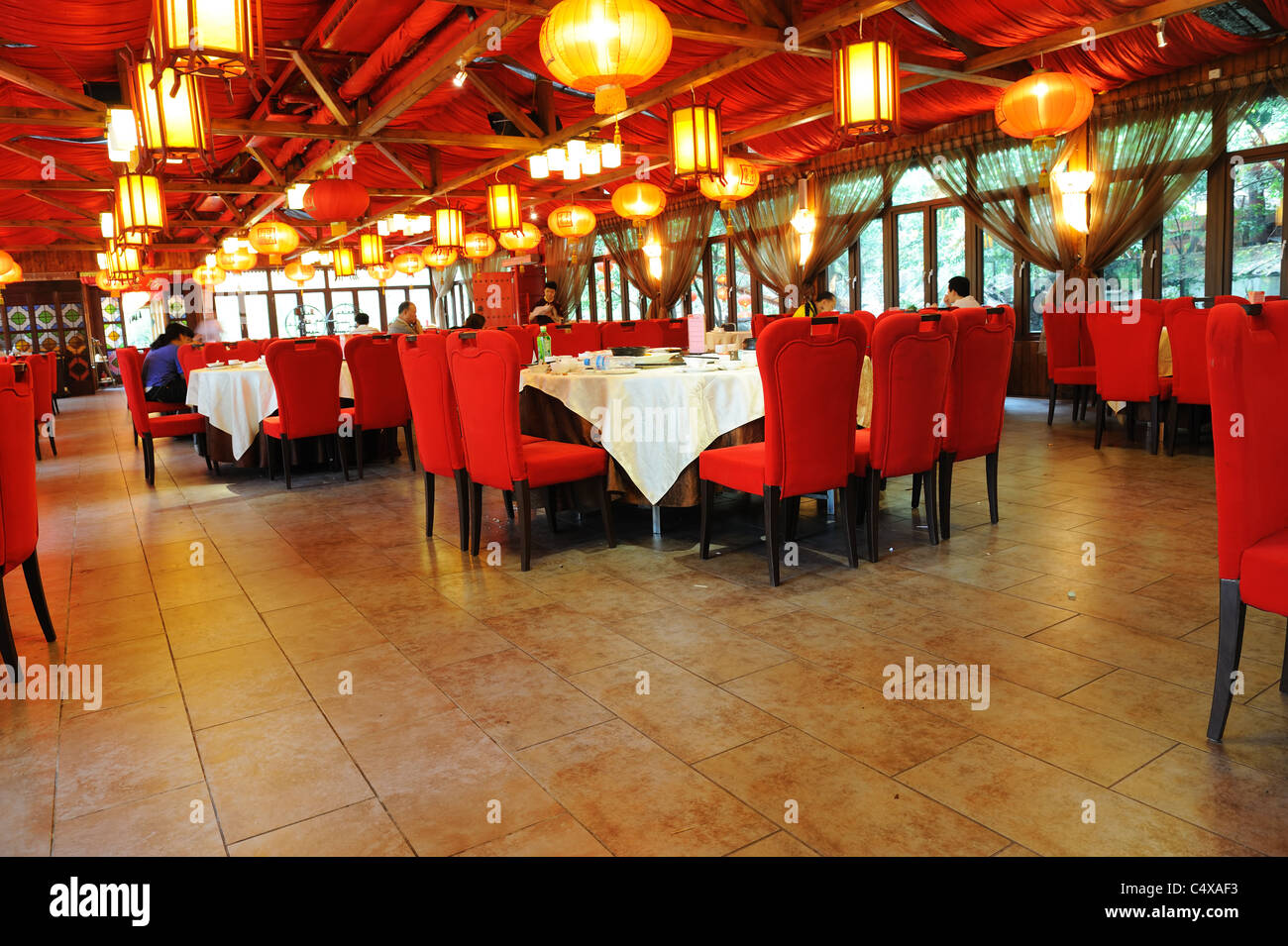 Interior of Chinese traditional style restaurant in Guangzhou, China Stock Photo