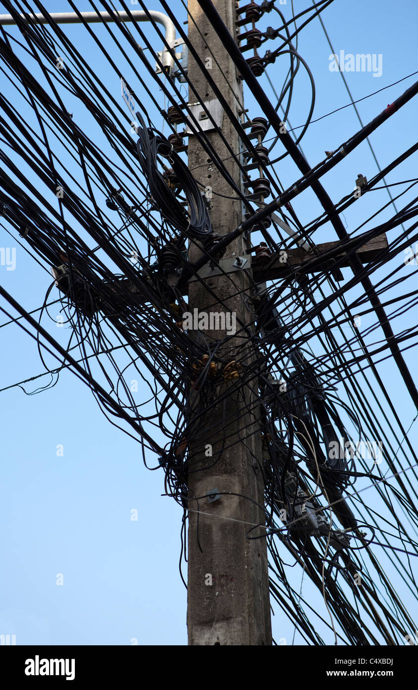 Messy Power Line in Chiang Mai, Thailand Stock Photo