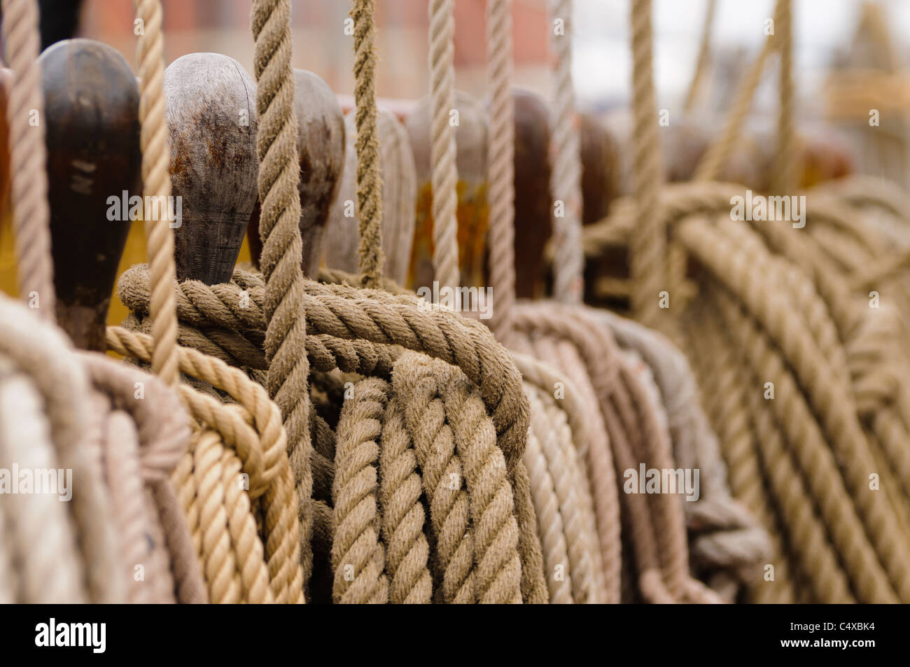 Ropes on a tall ship Stock Photo