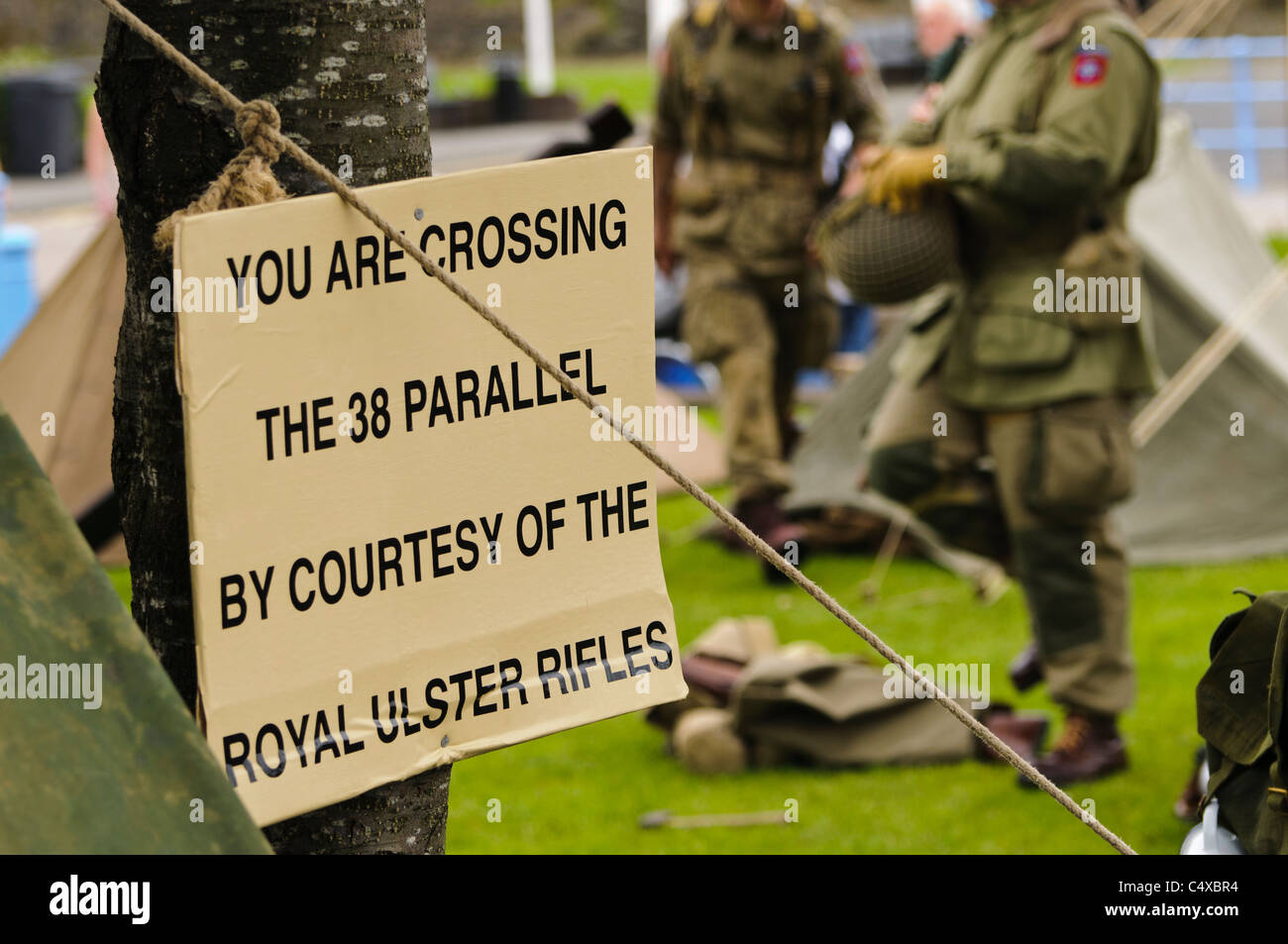Sign 'You are crossing the 38 parallel by courtesy of the Royal Ulster Rifles' Stock Photo