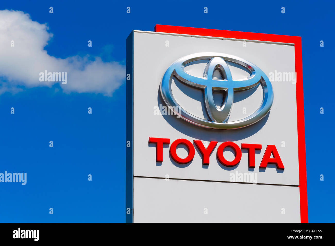 Toyota logo on car dealership sign. Stock Photo