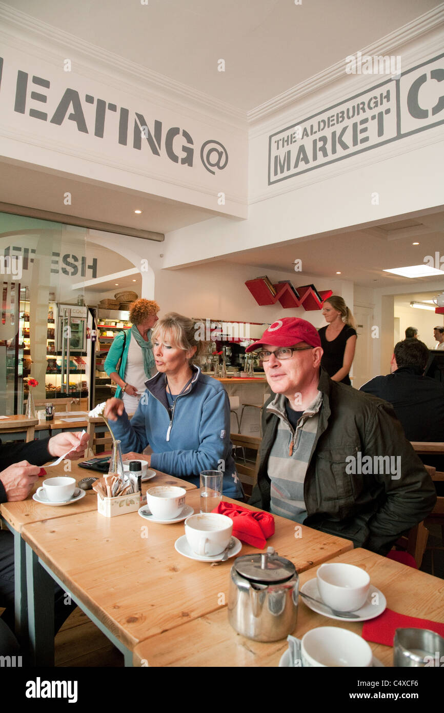 People drinking coffee in The Aldeburgh market cafe,  Aldeburgh, Suffolk UK Stock Photo