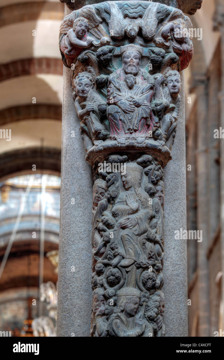 Romanesque sculpture in interior of Cathedral, Santiago de Compostela, Galicia, Spain Stock Photo