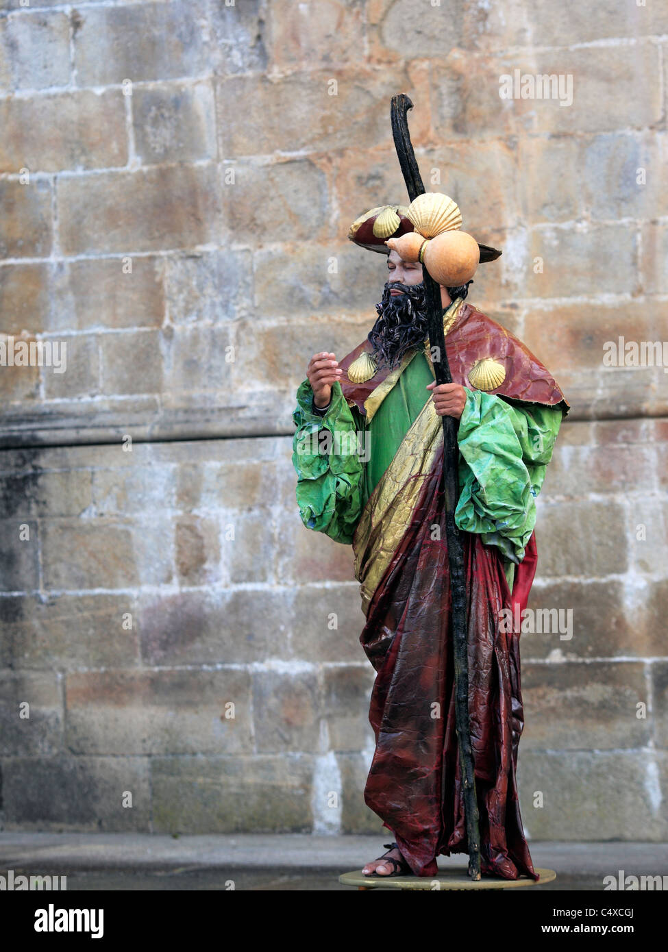 Pilgrim, live sculpture, Santiago de Compostela, Galicia, Spain Stock Photo